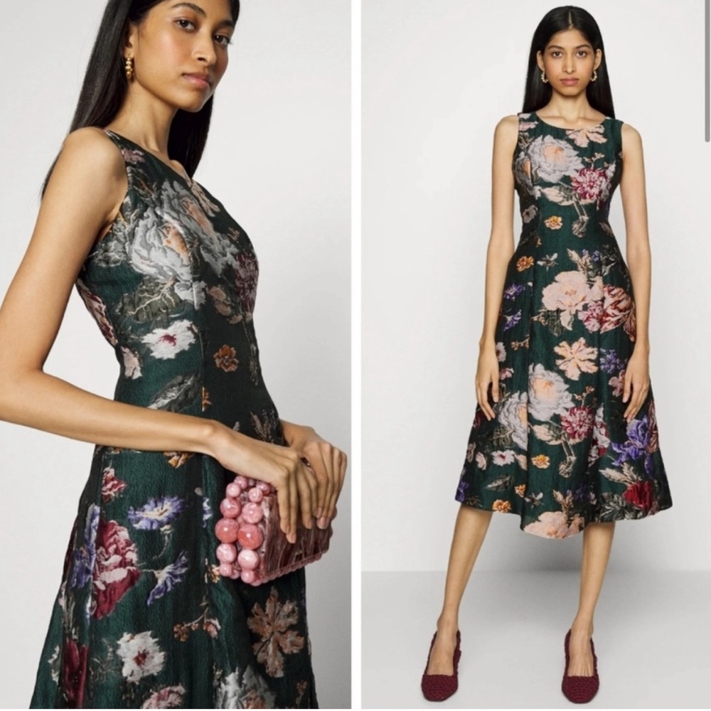 Marchesa Notte Brocade Floral Green Midi Dress NWT